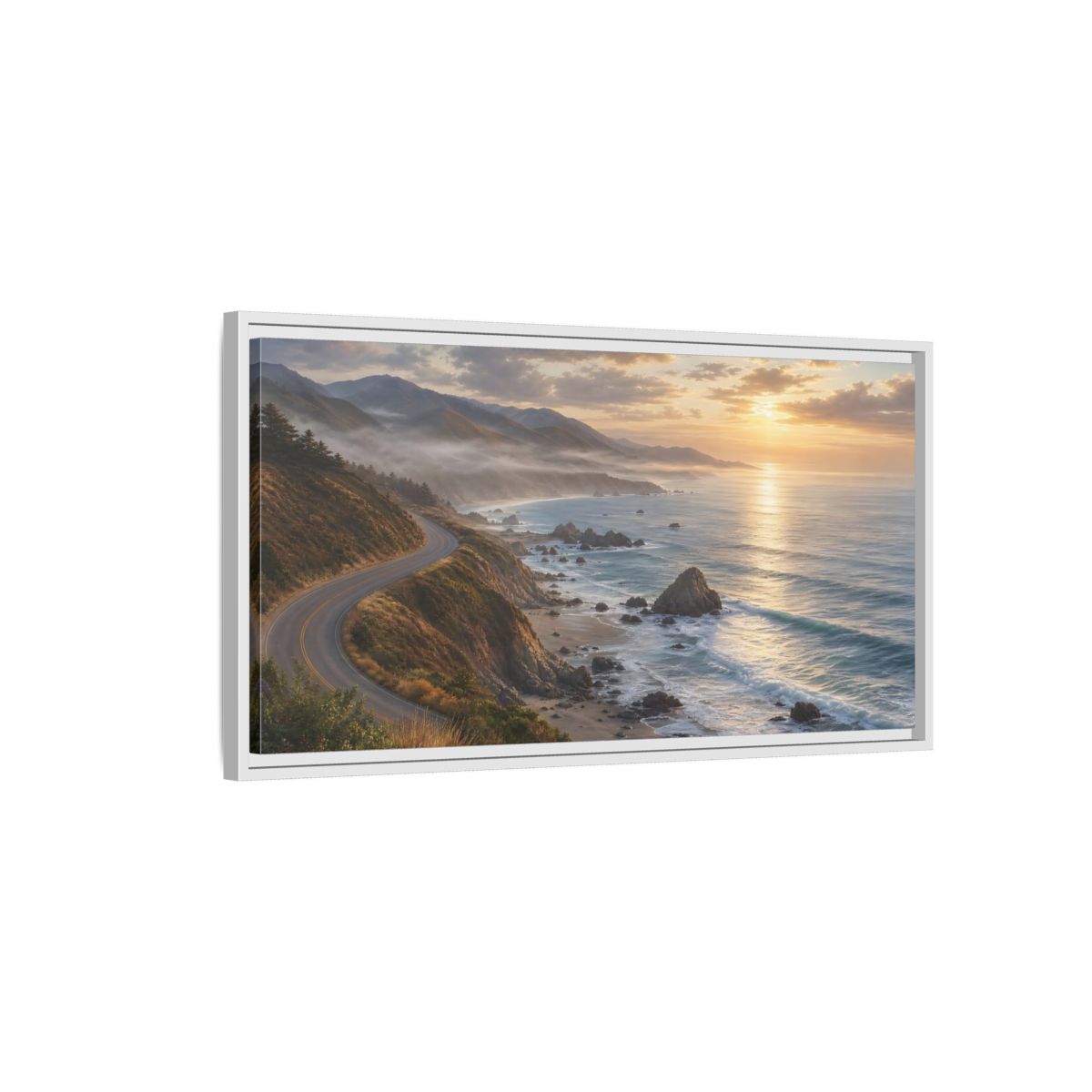 Side Mockup 1. Nature Coastal Highway Golden Hour Coast shown as stretched canvas wall art