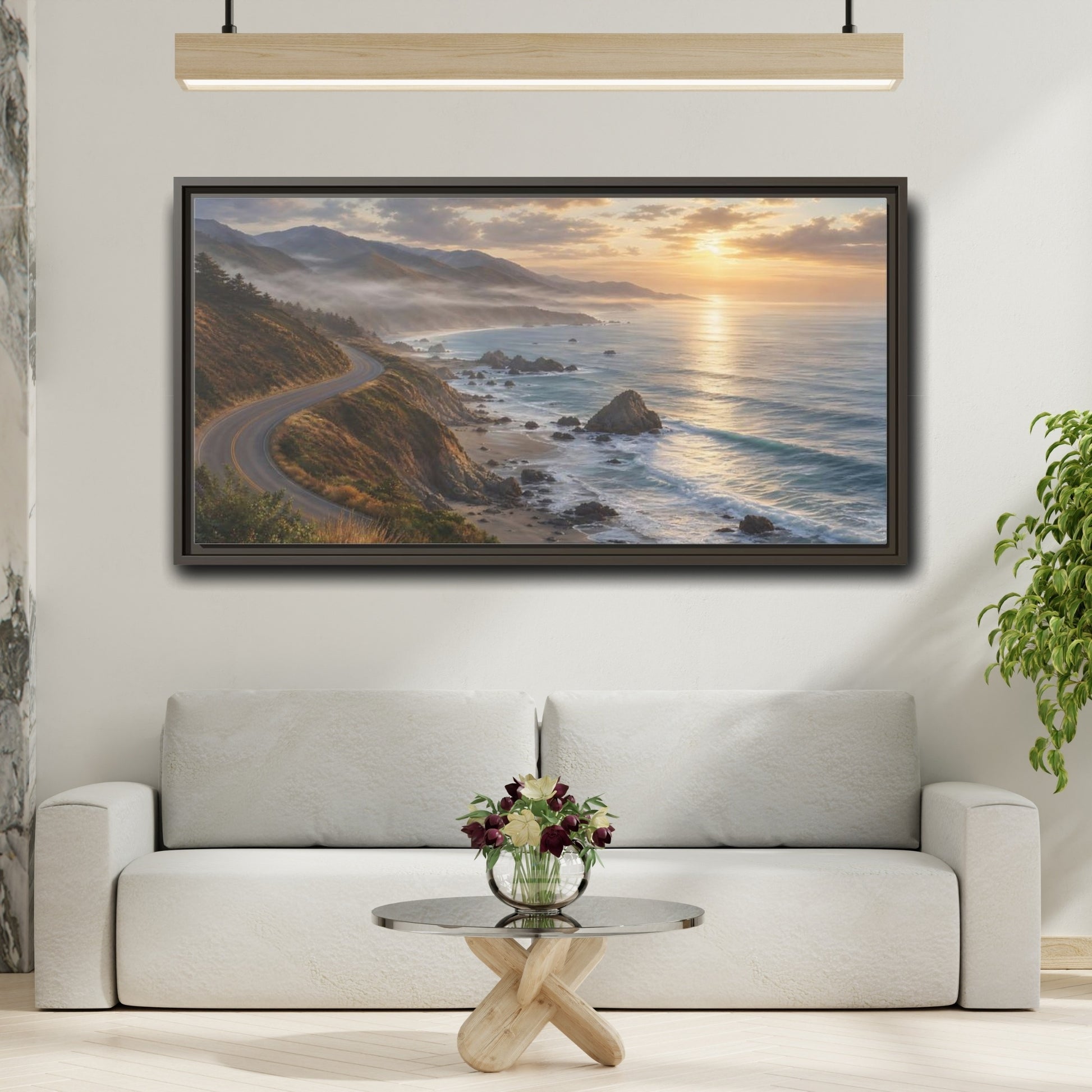 Mockup 2. Nature Coastal Highway Golden Hour Coast shown as stretched canvas wall art