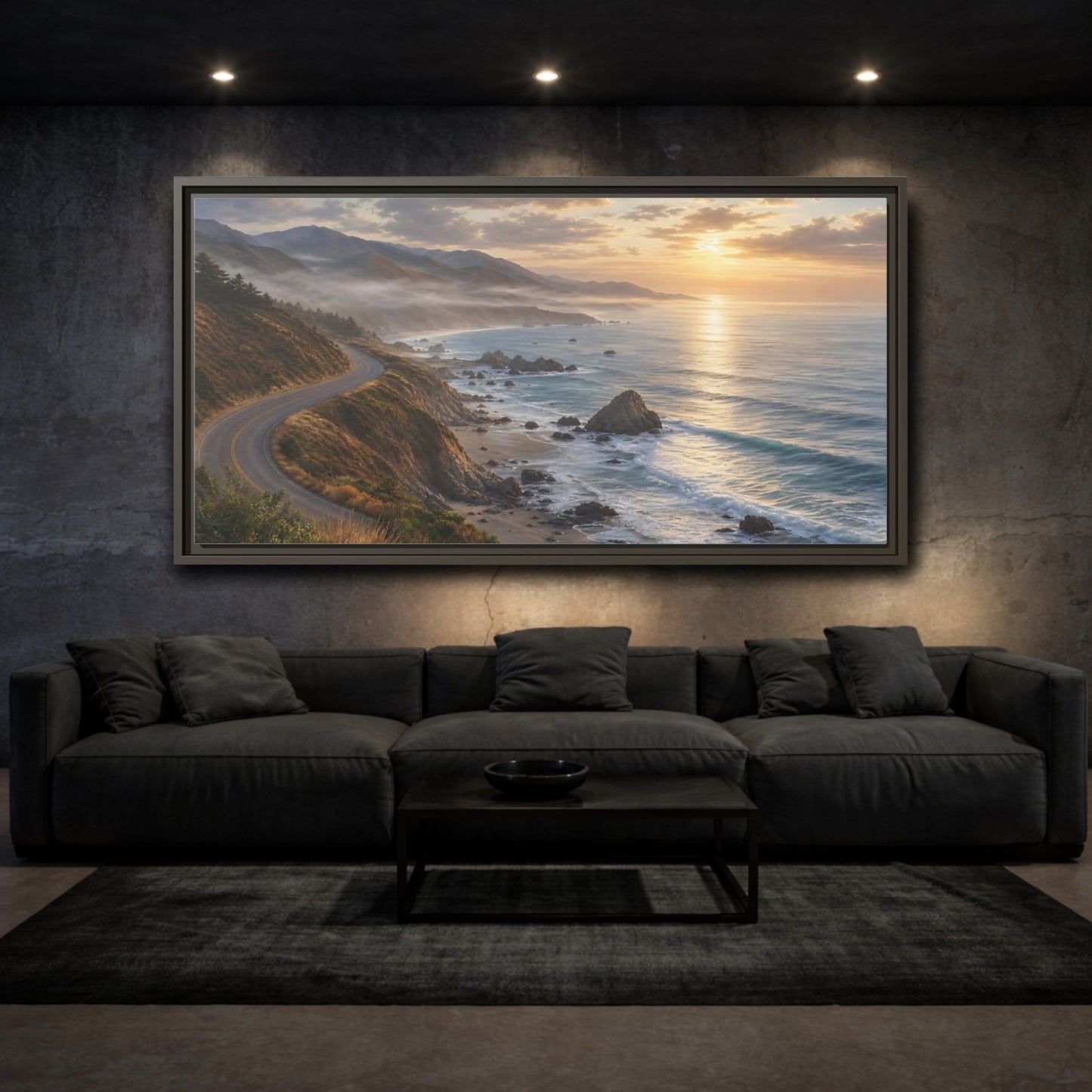 Mockup 3. Nature Coastal Highway Golden Hour Coast shown as stretched canvas wall art