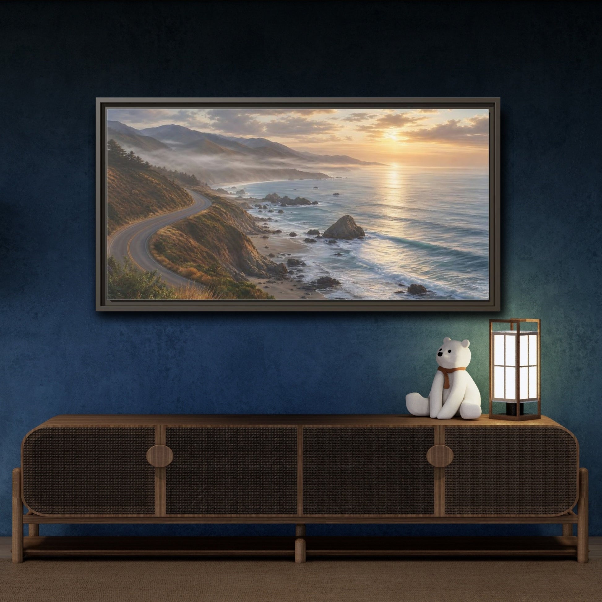 Mockup 4. Nature Coastal Highway Golden Hour Coast shown as stretched canvas wall art