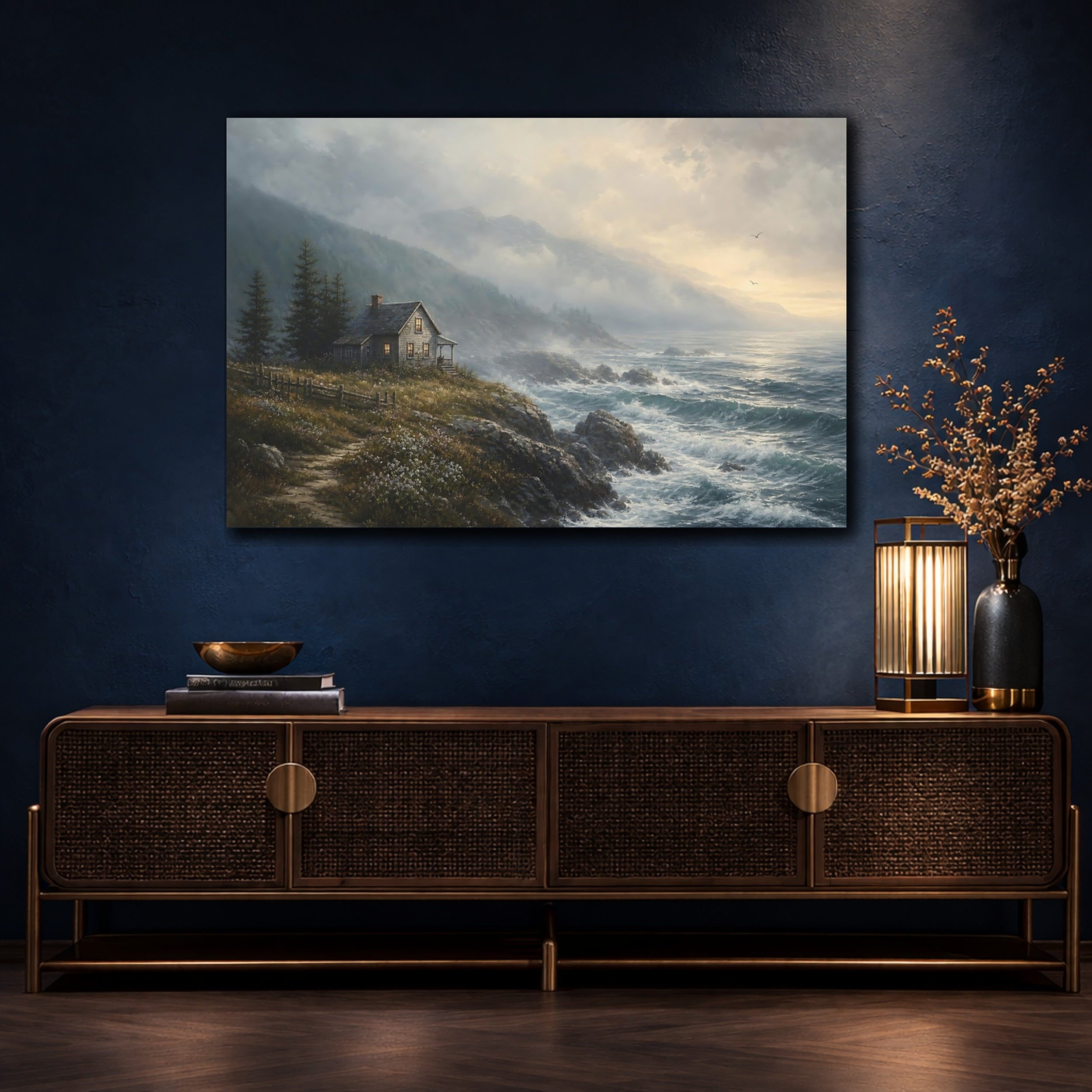Mockup 4. Nature Coastal House Coastal Landscape shown as stretched canvas wall art