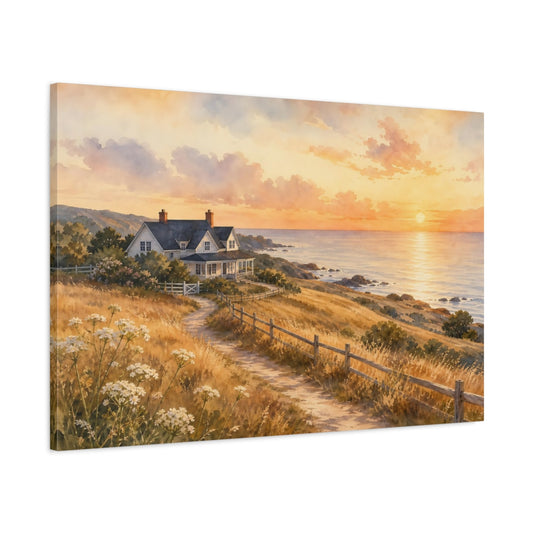 Main Mockup. Nature Coastal House Warm Coastal Sunset shown as stretched canvas wall art
