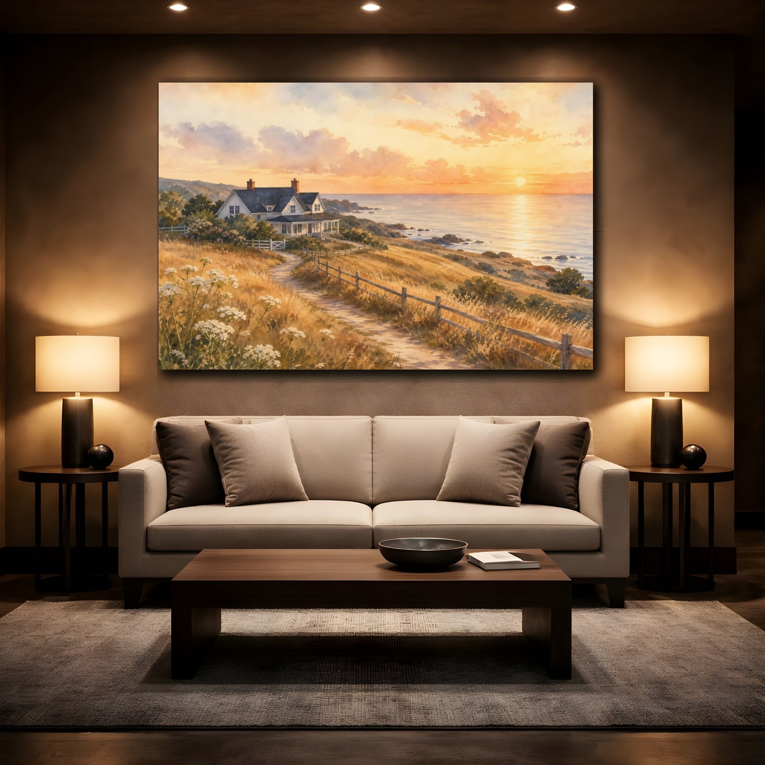 Mockup 2. Nature Coastal House Warm Coastal Sunset shown as stretched canvas wall art
