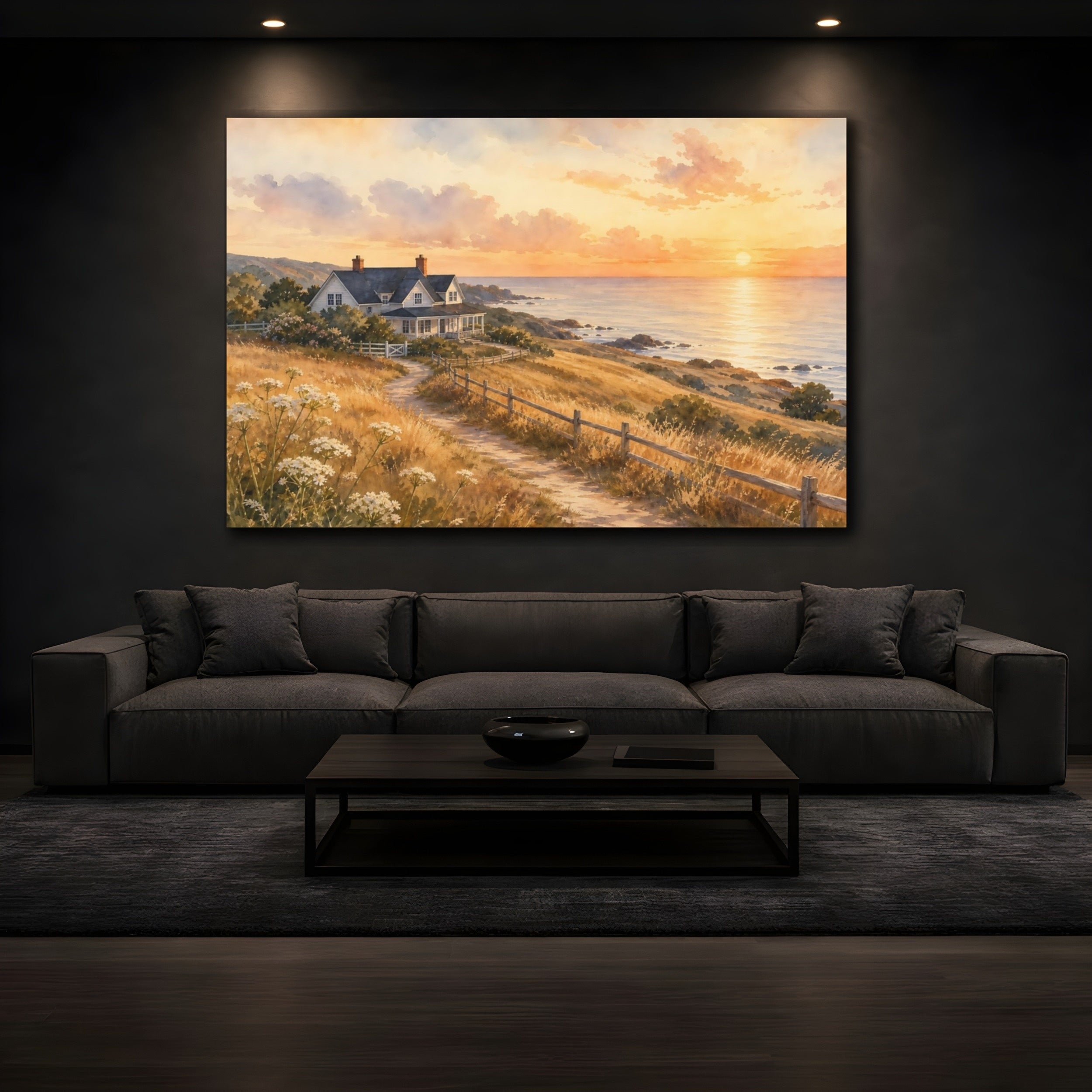 Mockup 3. Nature Coastal House Warm Coastal Sunset shown as stretched canvas wall art