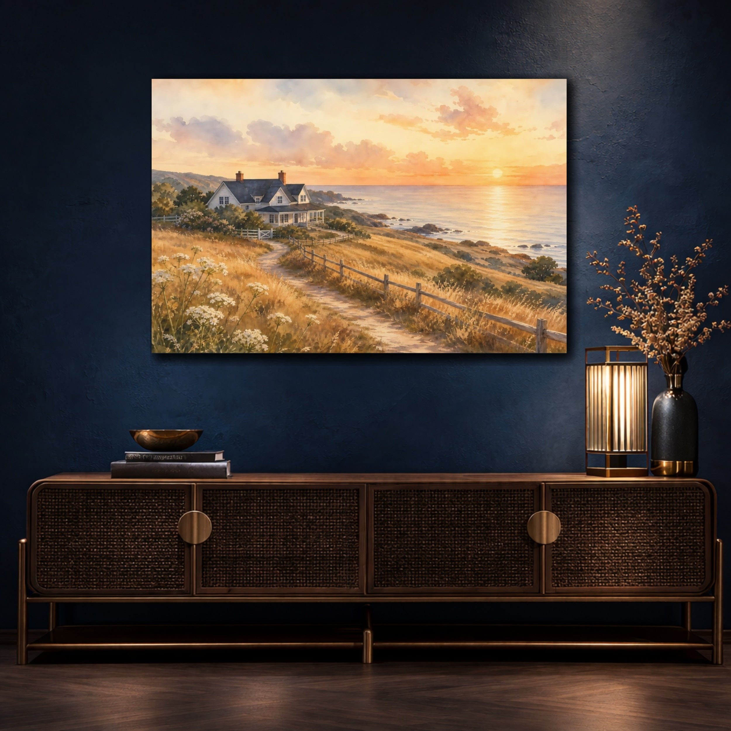 Mockup 4. Nature Coastal House Warm Coastal Sunset shown as stretched canvas wall art