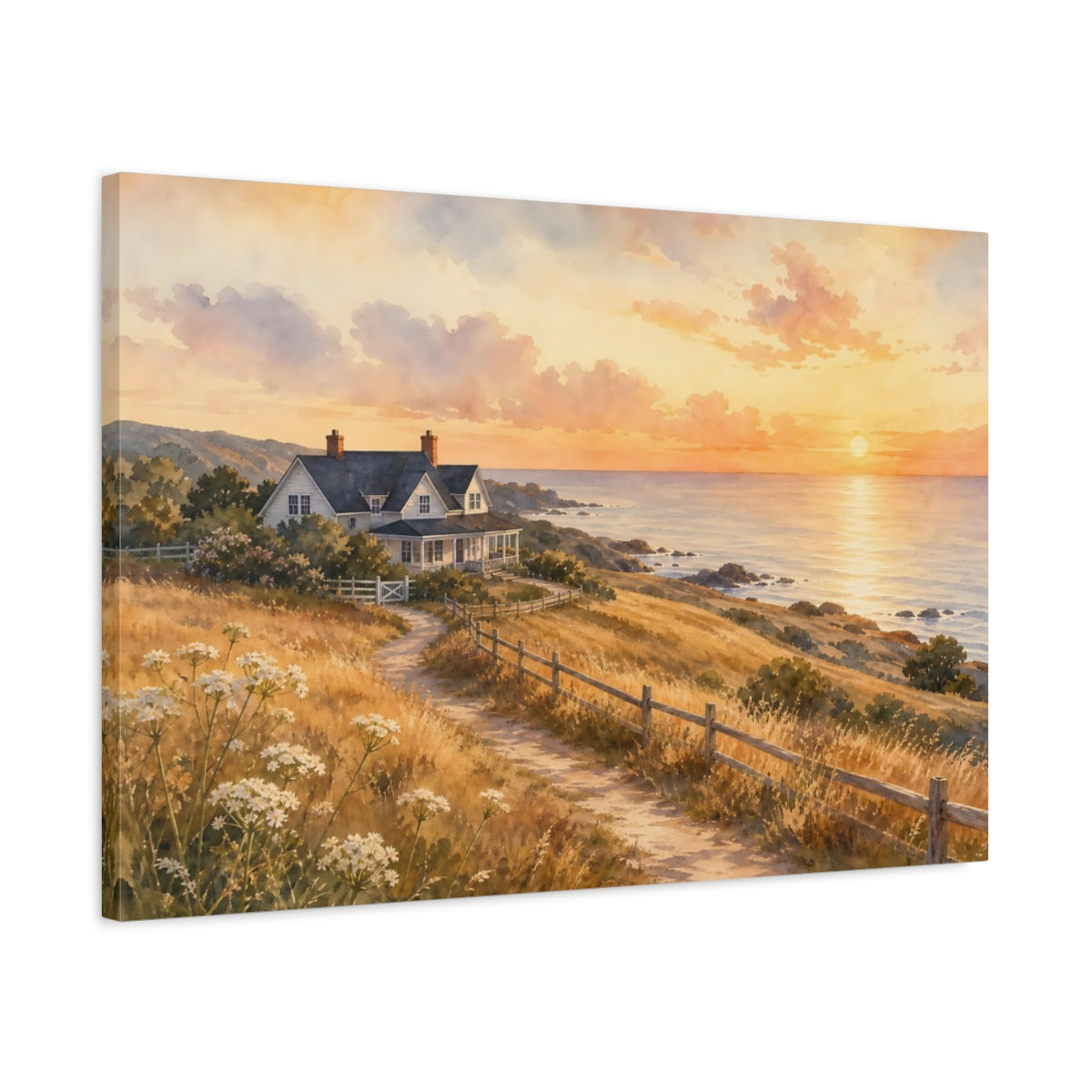 Side Mockup 2. Nature Coastal House Warm Coastal Sunset shown as stretched canvas wall art