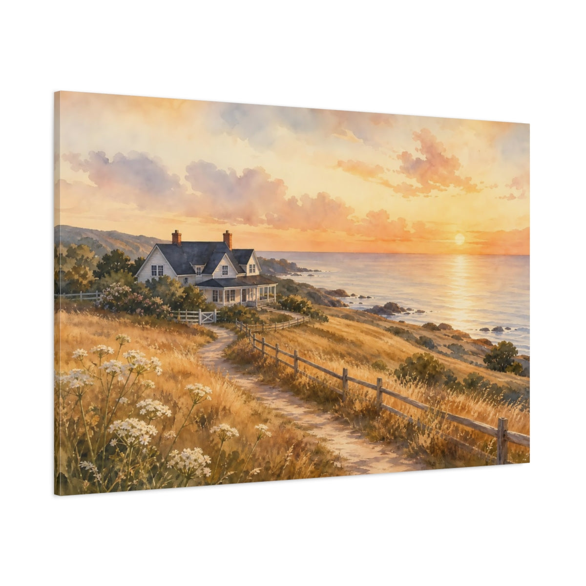 Side Mockup 1. Nature Coastal House Warm Coastal Sunset shown as stretched canvas wall art