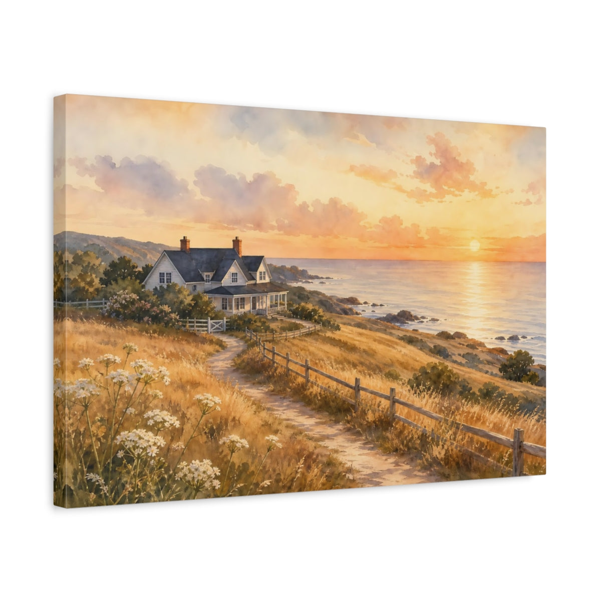 Side Mockup 3. Nature Coastal House Warm Coastal Sunset shown as stretched canvas wall art