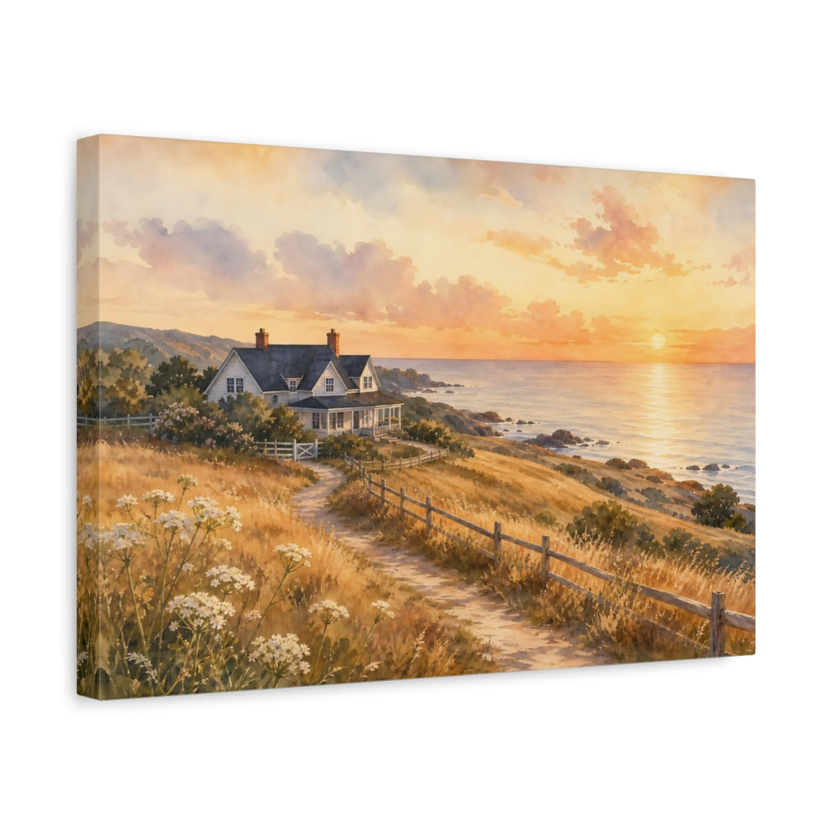 Side Mockup 4. Nature Coastal House Warm Coastal Sunset shown as stretched canvas wall art