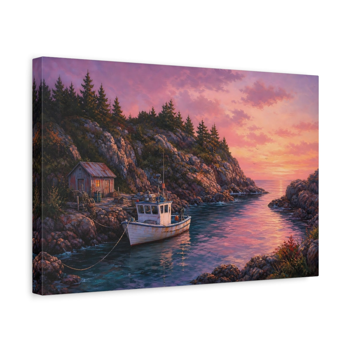 Side Mockup 4. Nature Coastal Inlet Pink Sunset Coastal shown as stretched canvas wall art