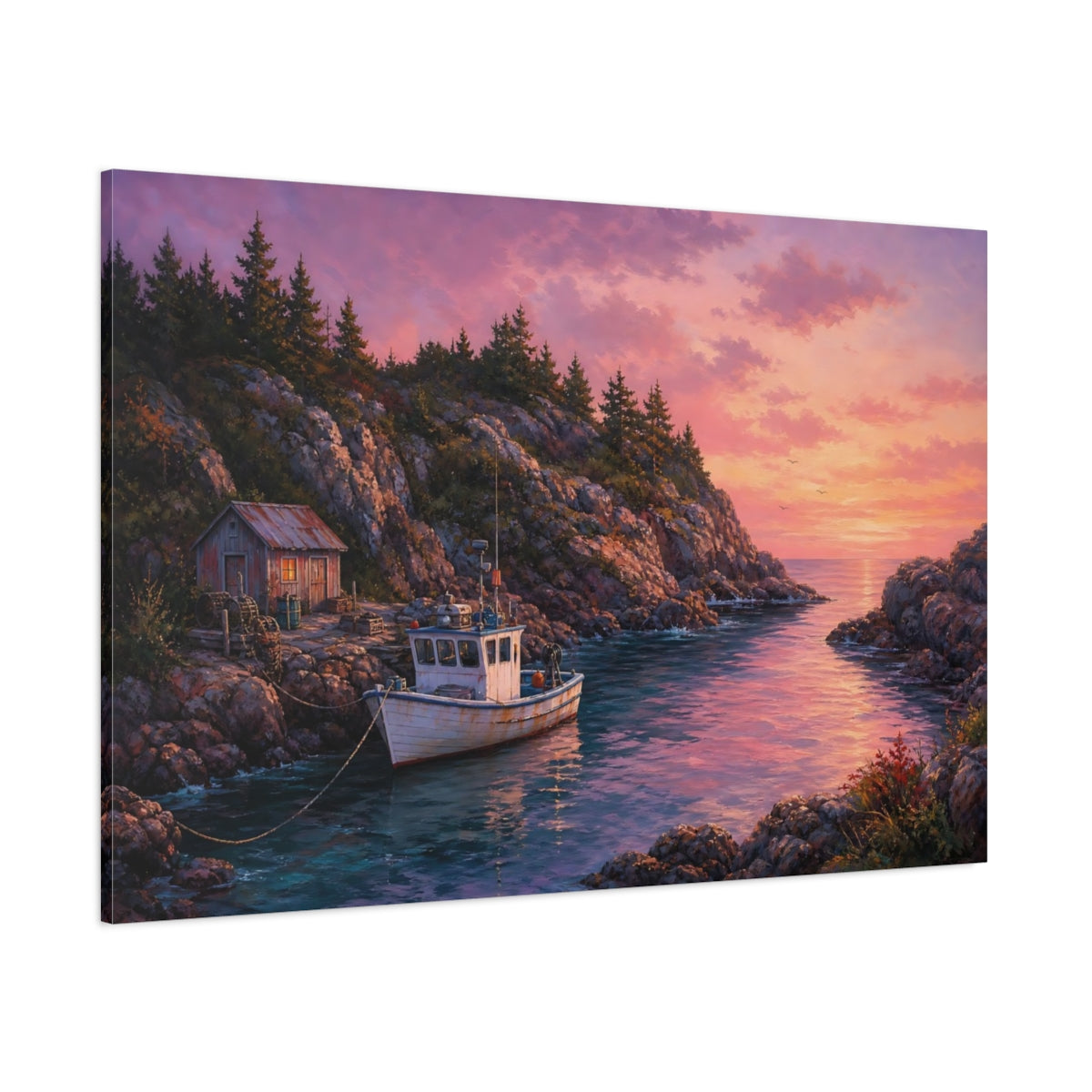Side Mockup 1. Nature Coastal Inlet Pink Sunset Coastal shown as stretched canvas wall art