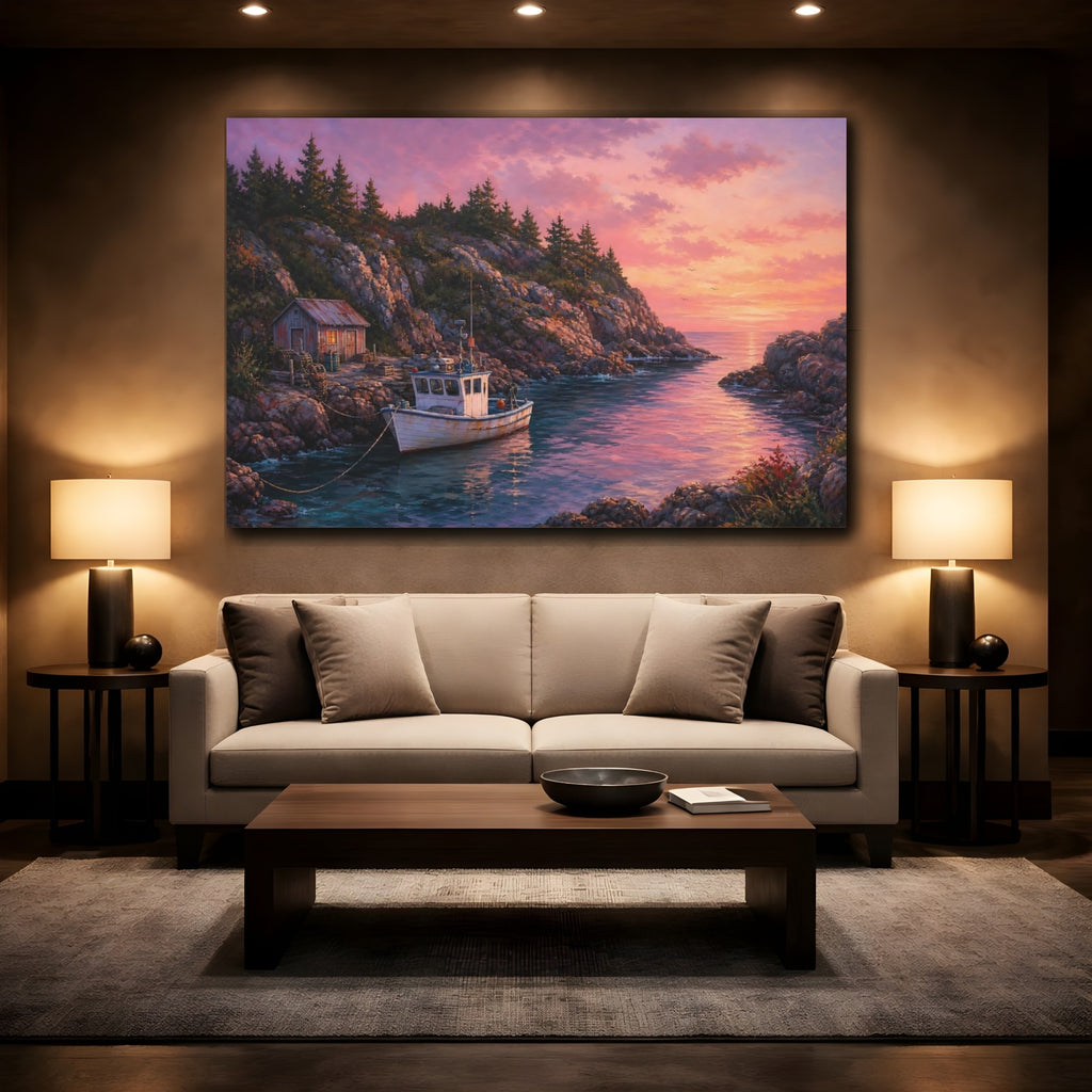 Mockup 2. Nature Coastal Inlet Pink Sunset Coastal shown as stretched canvas wall art