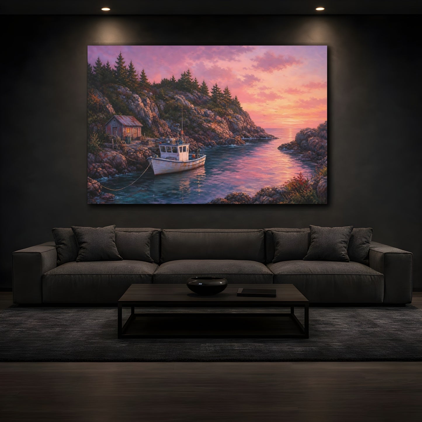 Mockup 3. Nature Coastal Inlet Pink Sunset Coastal shown as stretched canvas wall art
