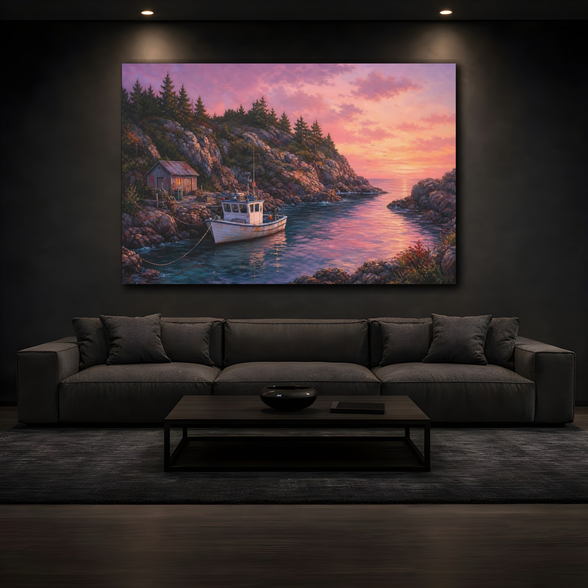 Mockup 3. Nature Coastal Inlet Pink Sunset Coastal shown as stretched canvas wall art