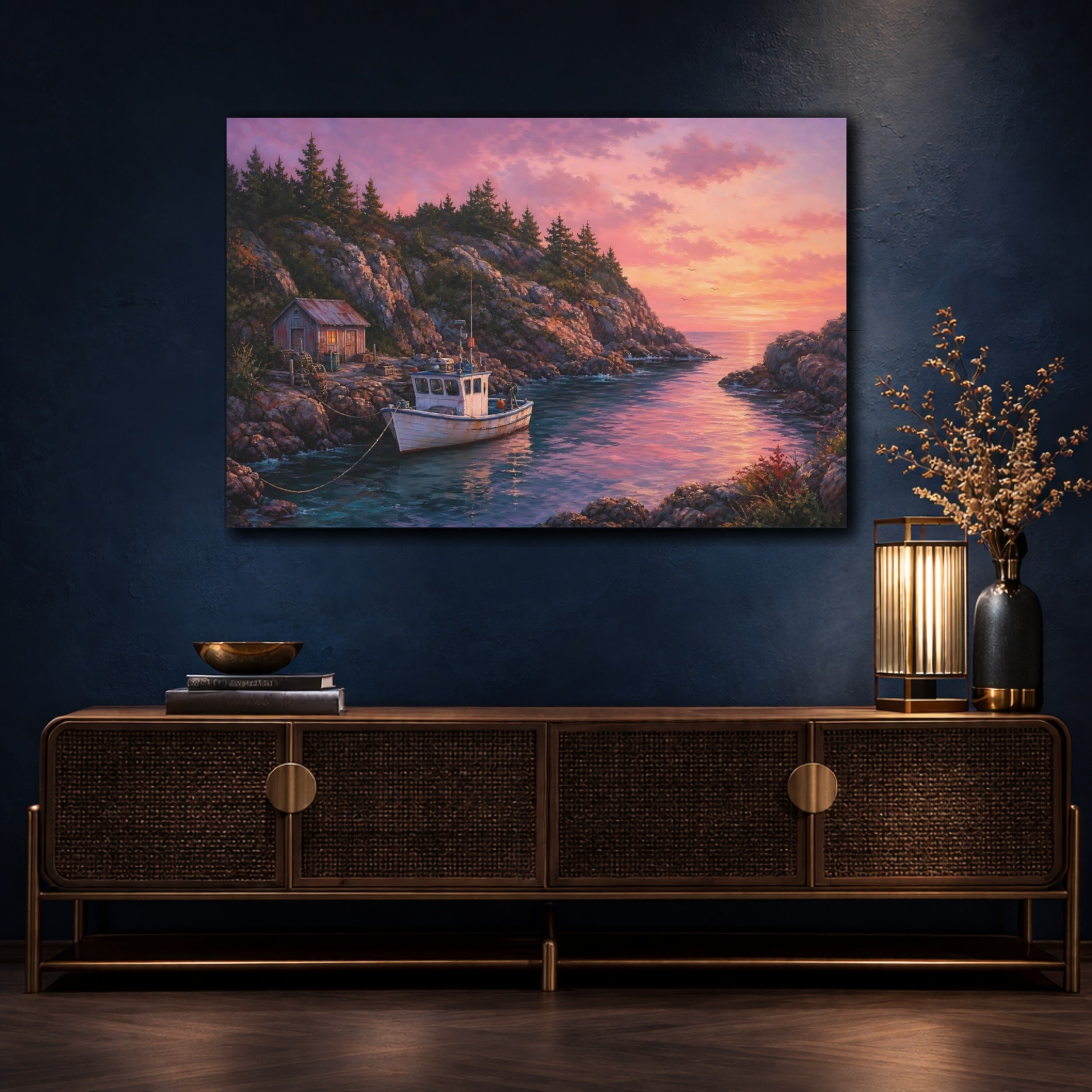 Mockup 4. Nature Coastal Inlet Pink Sunset Coastal shown as stretched canvas wall art