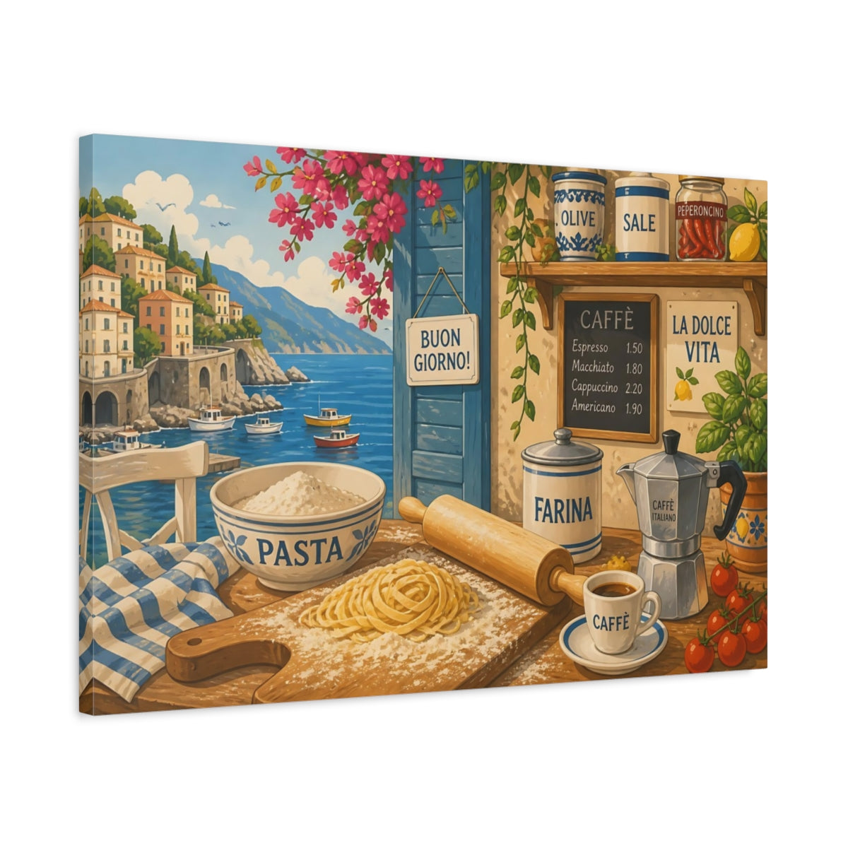 Side Mockup 2. Nature Coastal Kitchen Italian Coastal Kitchen shown as stretched canvas wall art