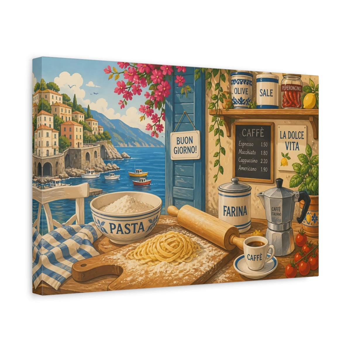 Side Mockup 4. Nature Coastal Kitchen Italian Coastal Kitchen shown as stretched canvas wall art