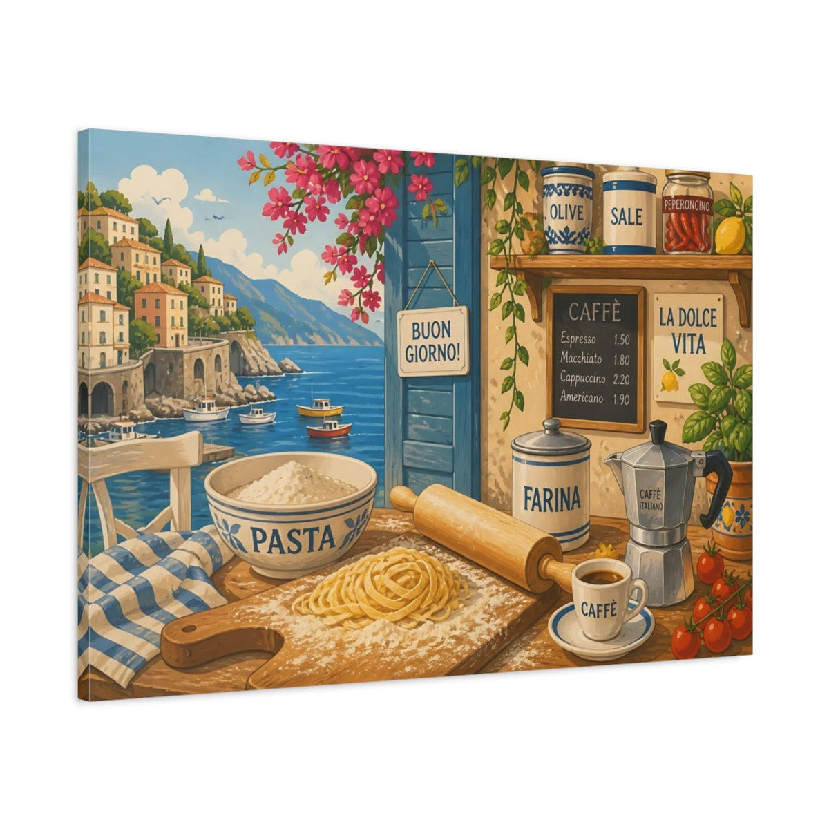 Main Mockup. Nature Coastal Kitchen Italian Coastal Kitchen shown as stretched canvas wall art