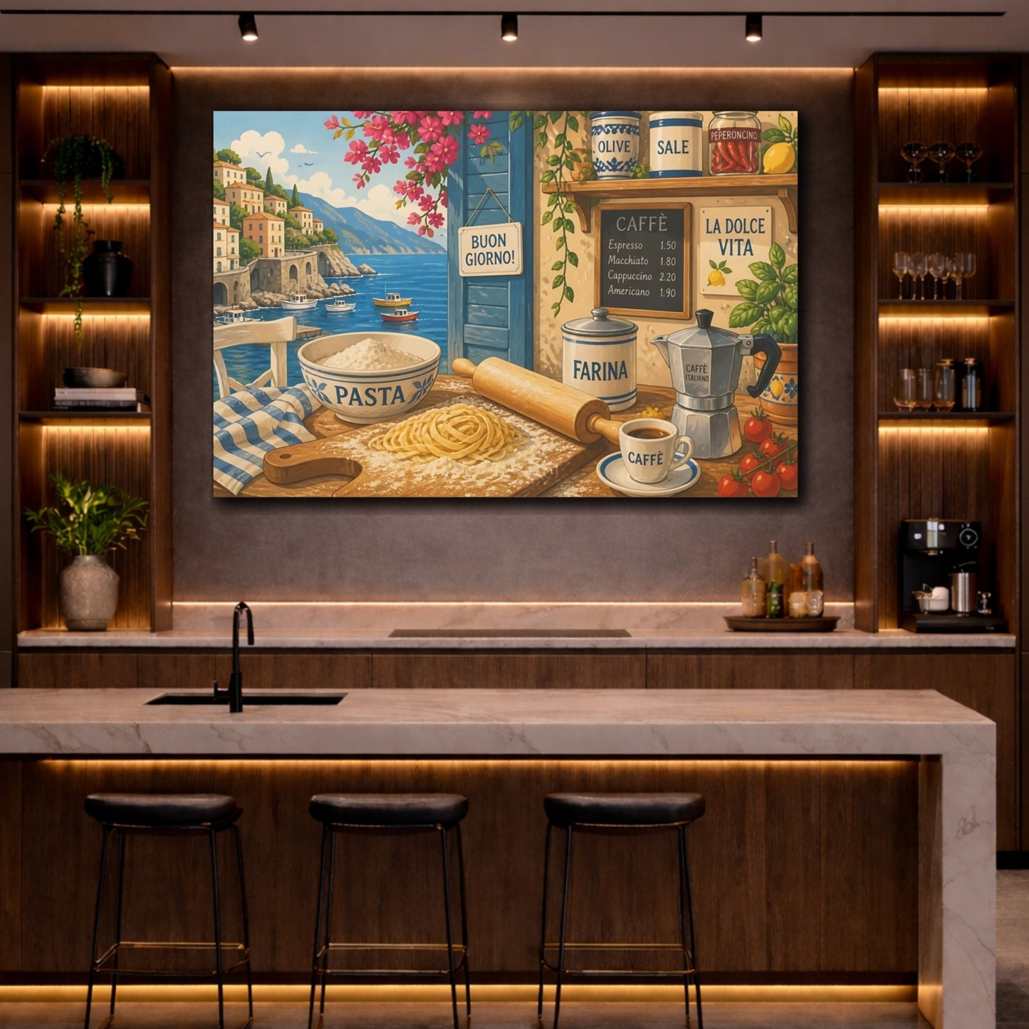 Mockup 2. Nature Coastal Kitchen Italian Coastal Kitchen shown as stretched canvas wall art