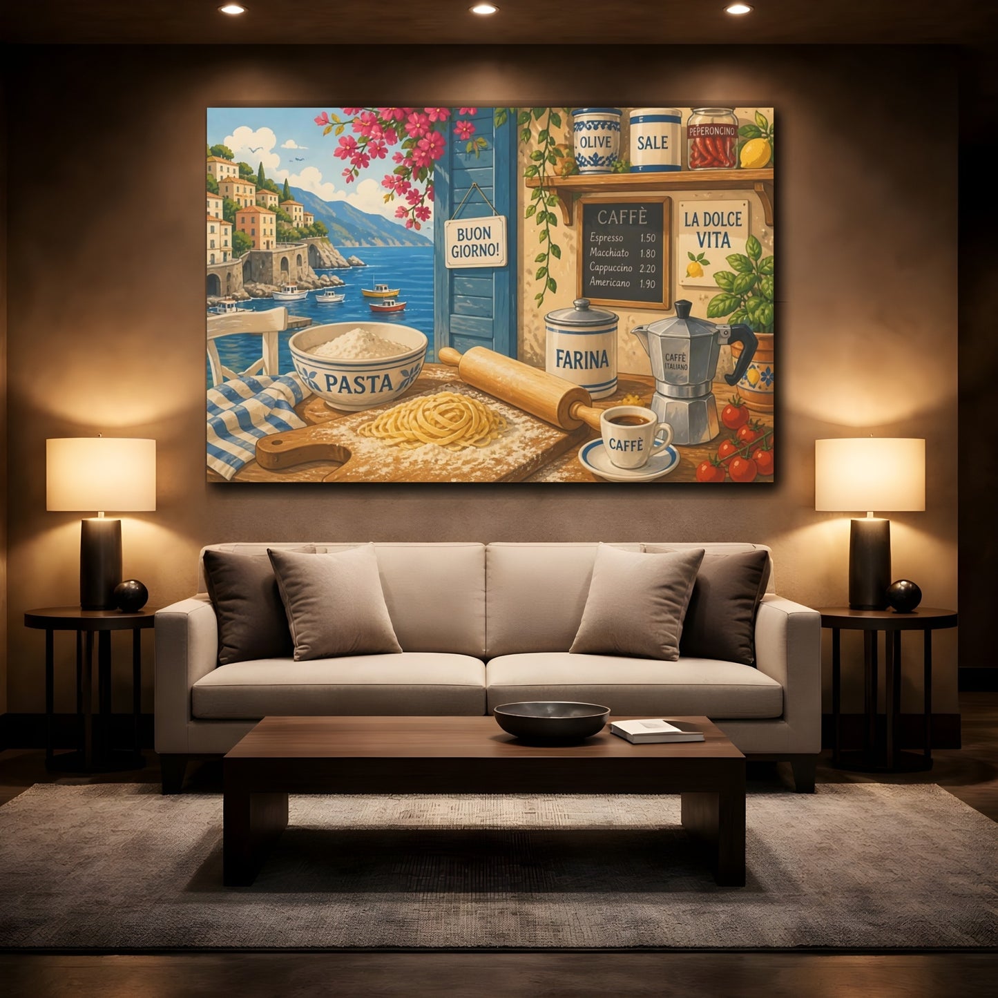 Mockup 3. Nature Coastal Kitchen Italian Coastal Kitchen shown as stretched canvas wall art