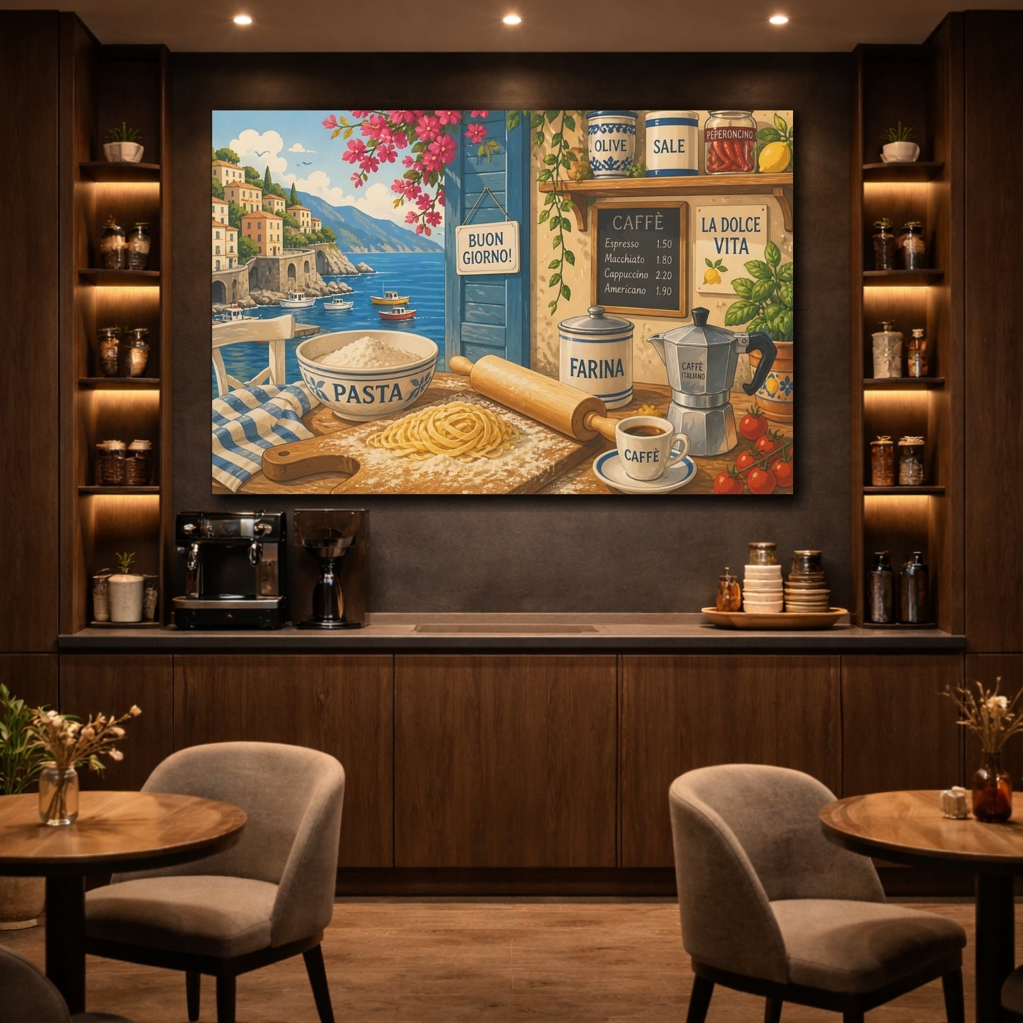 Mockup 4. Nature Coastal Kitchen Italian Coastal Kitchen shown as stretched canvas wall art