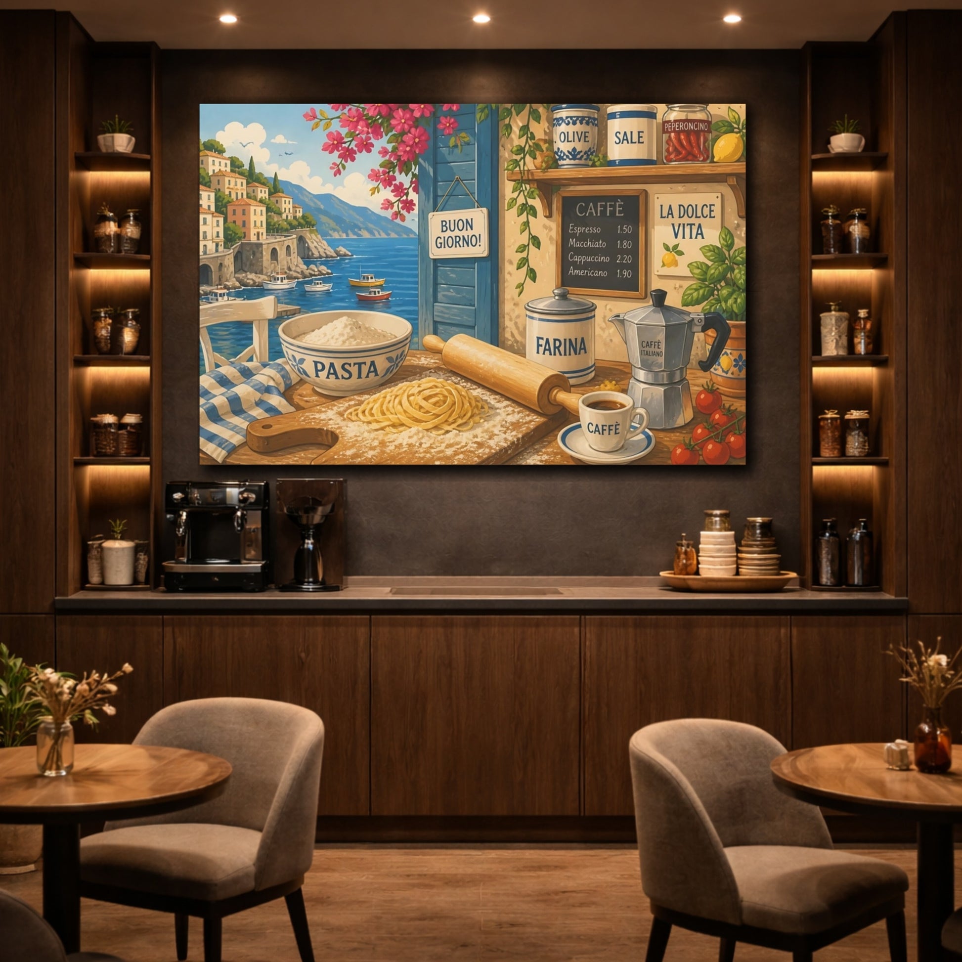 Mockup 4. Nature Coastal Kitchen Italian Coastal Kitchen shown as stretched canvas wall art