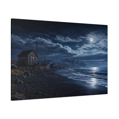 Side Mockup 1. Nature Coastal Landscape Blue Night Landscape shown as stretched canvas wall art