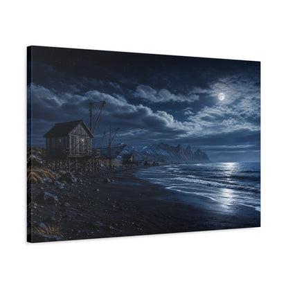 Side Mockup 2. Nature Coastal Landscape Blue Night Landscape shown as stretched canvas wall art
