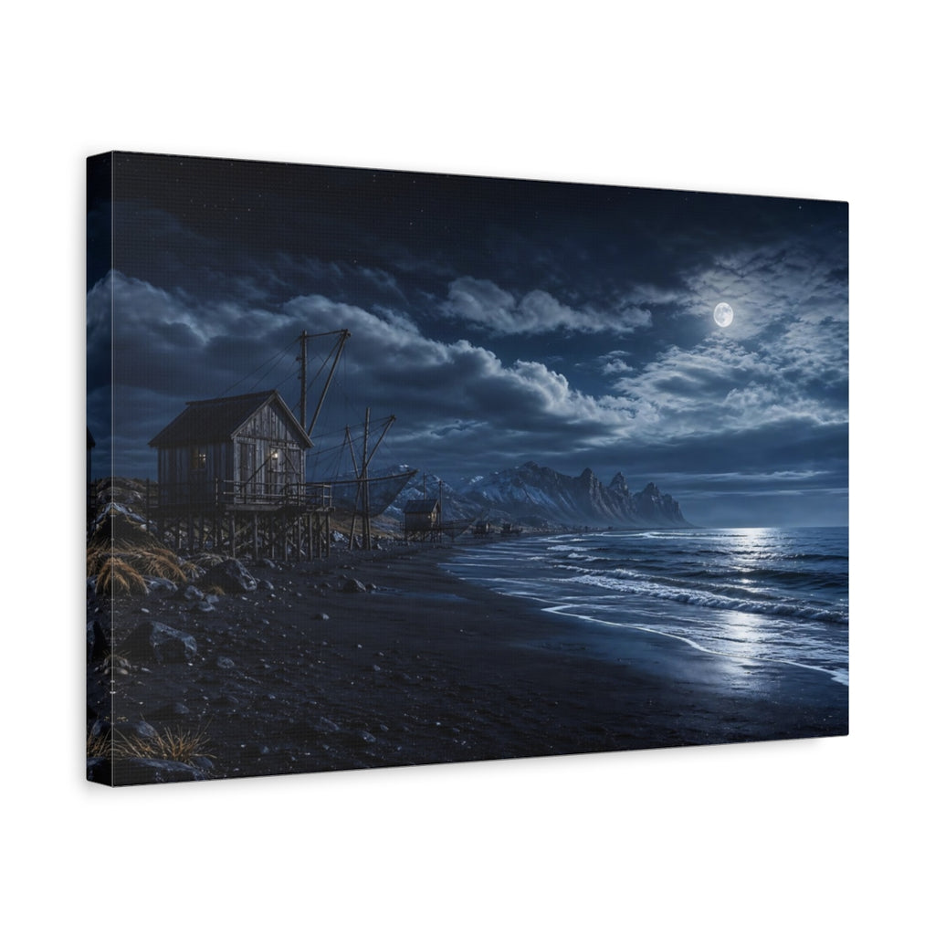 Side Mockup 4. Nature Coastal Landscape Blue Night Landscape shown as stretched canvas wall art