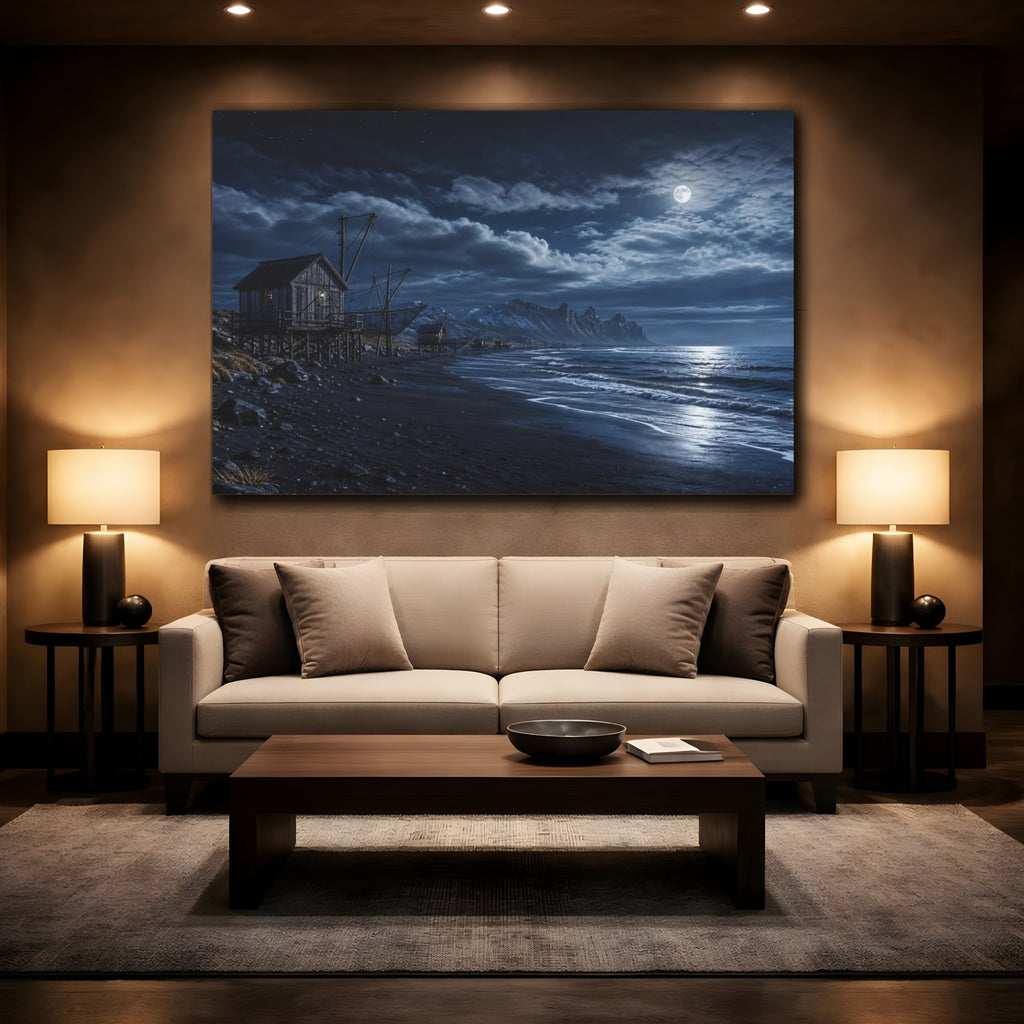 Mockup 2. Nature Coastal Landscape Blue Night Landscape shown as stretched canvas wall art