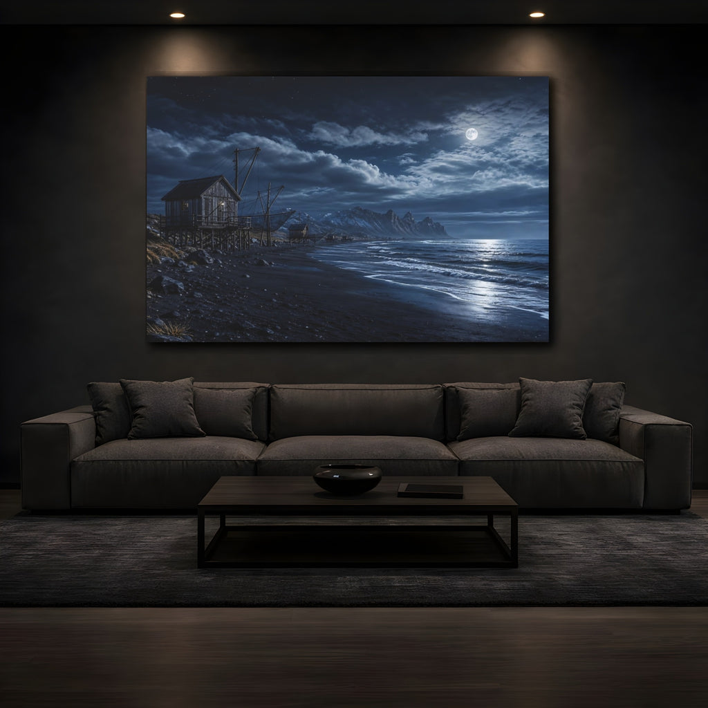 Mockup 3. Nature Coastal Landscape Blue Night Landscape shown as stretched canvas wall art