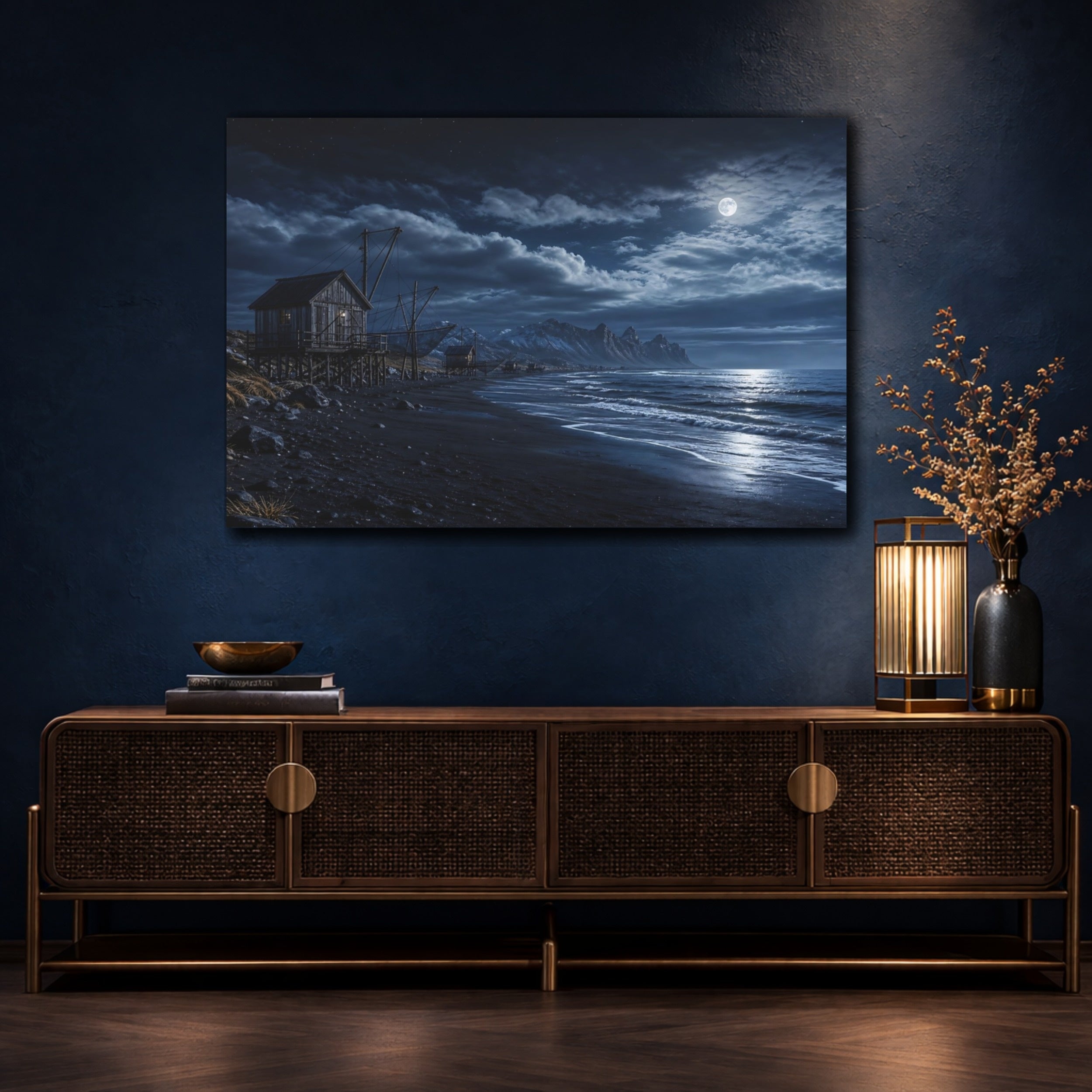 Mockup 4. Nature Coastal Landscape Blue Night Landscape shown as stretched canvas wall art