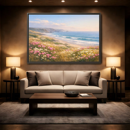 Mockup 2. Nature Coastal Landscape Coastal Meadow Pink shown as stretched canvas wall art