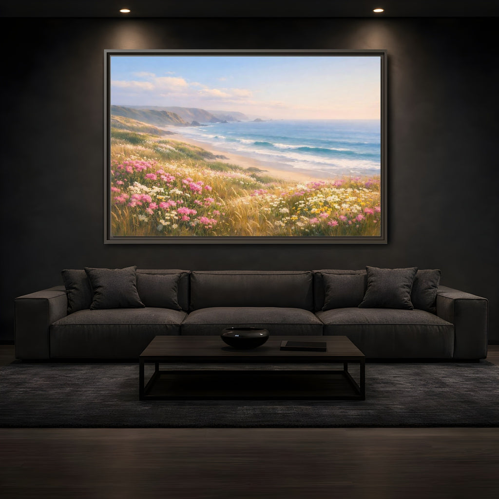 Mockup 3. Nature Coastal Landscape Coastal Meadow Pink shown as stretched canvas wall art