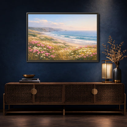 Mockup 4. Nature Coastal Landscape Coastal Meadow Pink shown as stretched canvas wall art