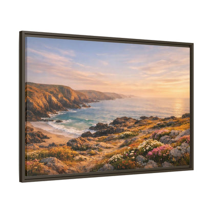 Main Mockup. Nature Coastal Landscape Golden Coastal Sunset shown as stretched canvas wall art