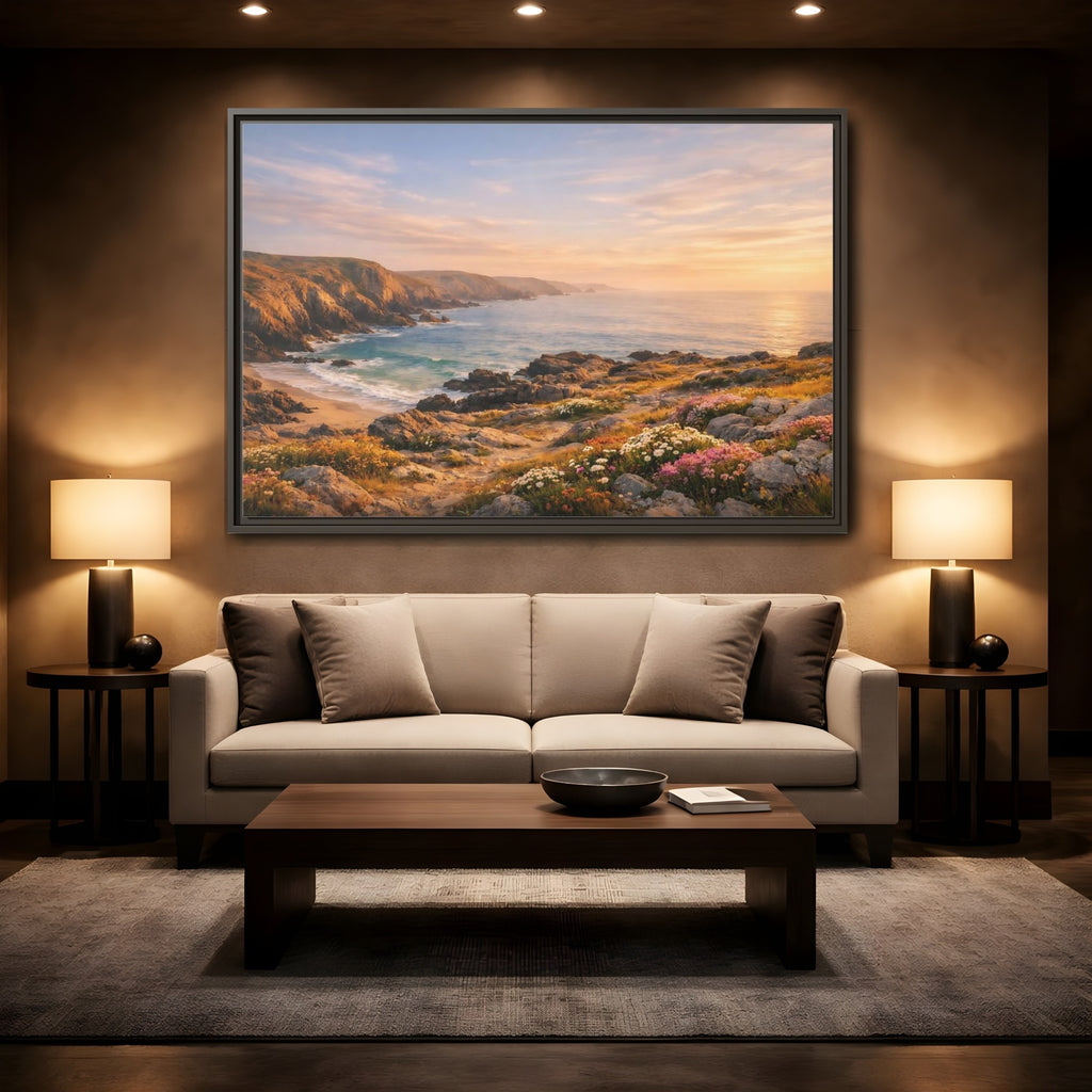 Mockup 2. Nature Coastal Landscape Golden Coastal Sunset shown as stretched canvas wall art