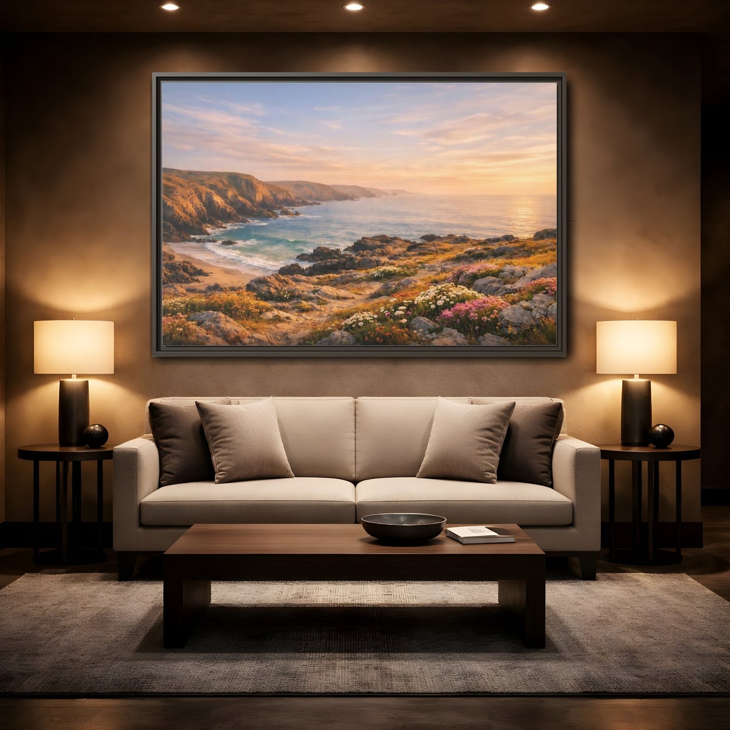 Mockup 2. Nature Coastal Landscape Golden Coastal Sunset shown as stretched canvas wall art