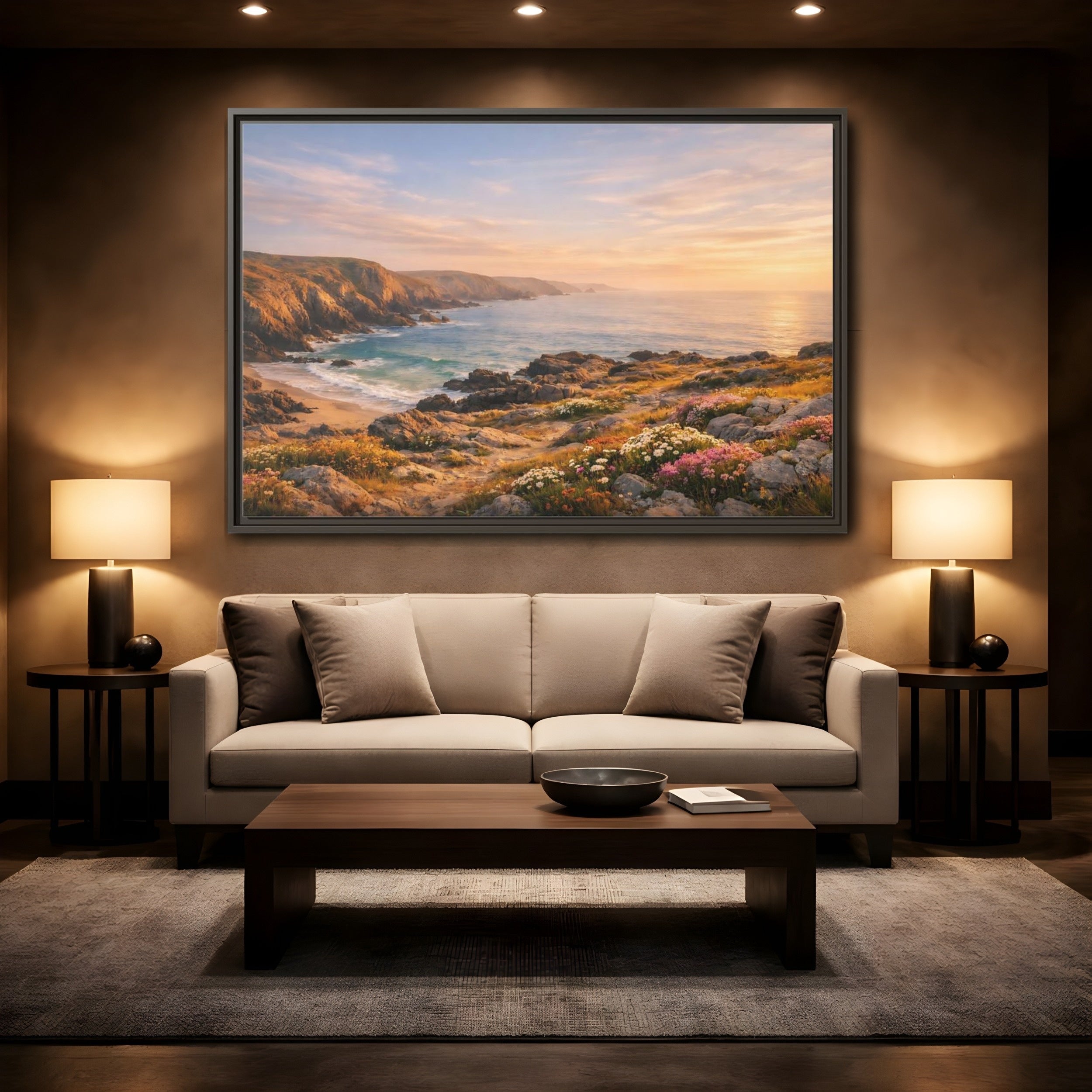 Mockup 2. Nature Coastal Landscape Golden Coastal Sunset shown as stretched canvas wall art