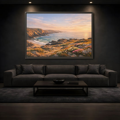 Mockup 3. Nature Coastal Landscape Golden Coastal Sunset shown as stretched canvas wall art