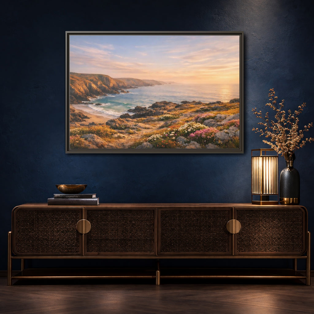 Mockup 4. Nature Coastal Landscape Golden Coastal Sunset shown as stretched canvas wall art
