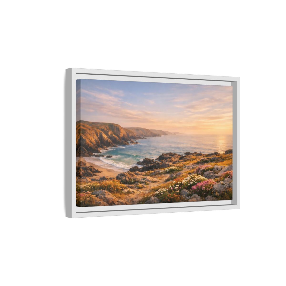 Side Mockup 4. Nature Coastal Landscape Golden Coastal Sunset shown as stretched canvas wall art
