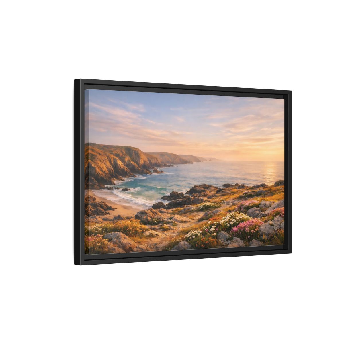 Side Mockup 3. Nature Coastal Landscape Golden Coastal Sunset shown as stretched canvas wall art