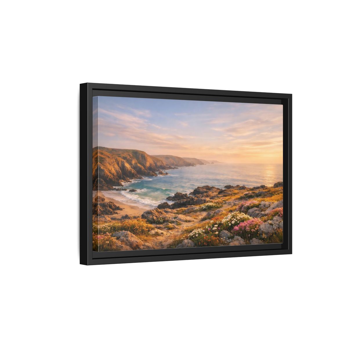 Side Mockup 6. Nature Coastal Landscape Golden Coastal Sunset shown as stretched canvas wall art