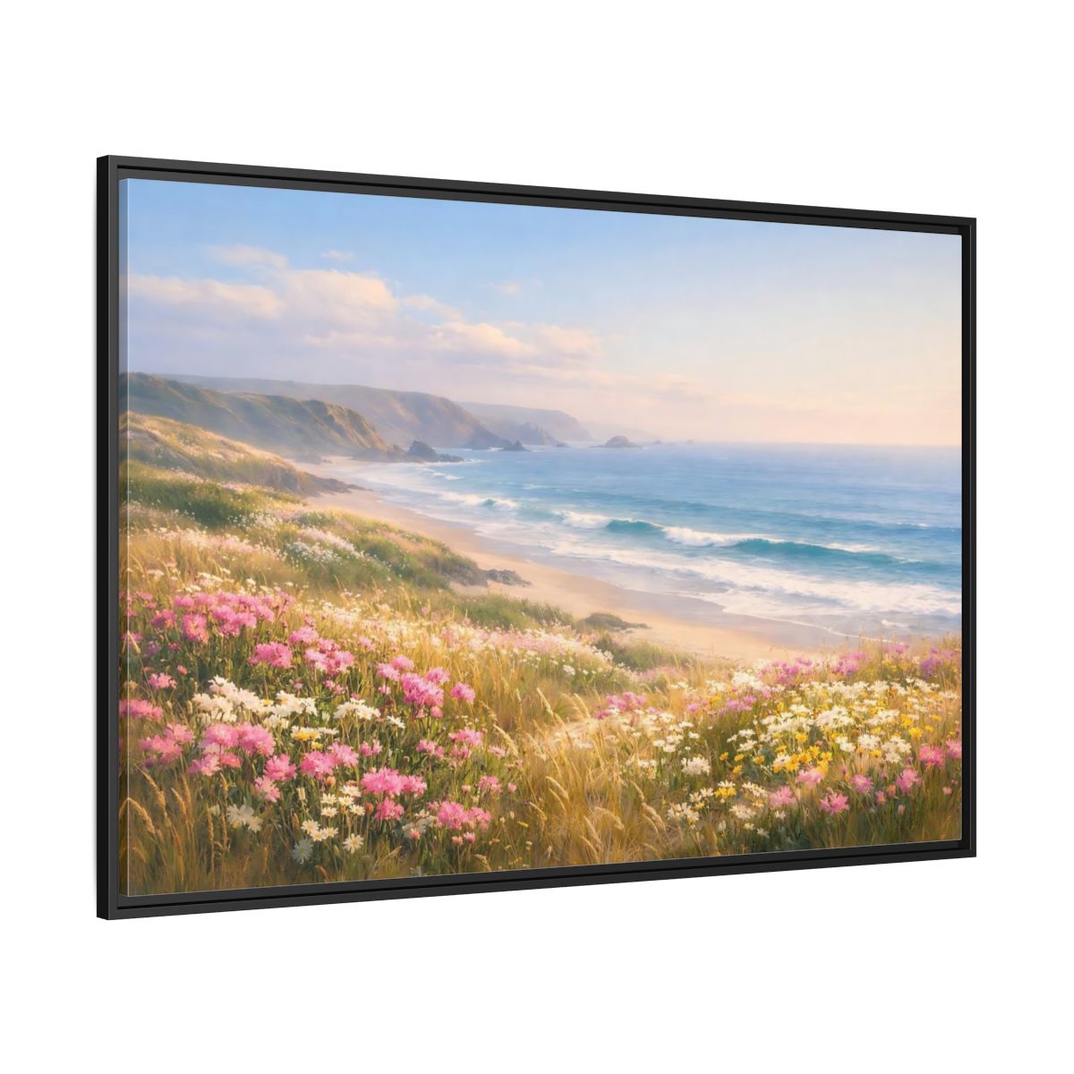 Side Mockup 12. Nature Coastal Landscape Coastal Meadow Pink shown as stretched canvas wall art