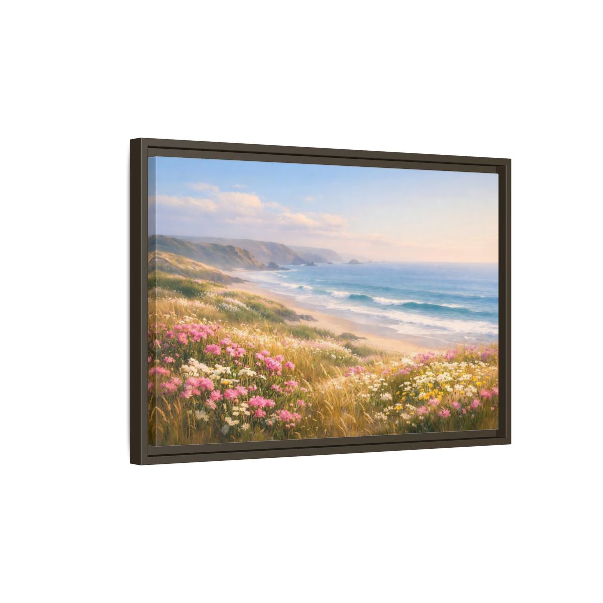 Side Mockup 2. Nature Coastal Landscape Coastal Meadow Pink shown as stretched canvas wall art