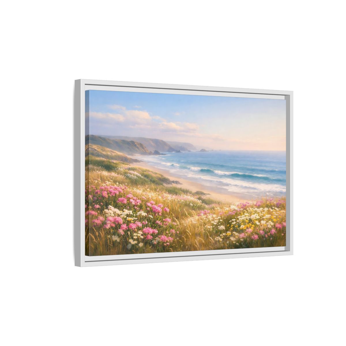 Side Mockup 1. Nature Coastal Landscape Coastal Meadow Pink shown as stretched canvas wall art