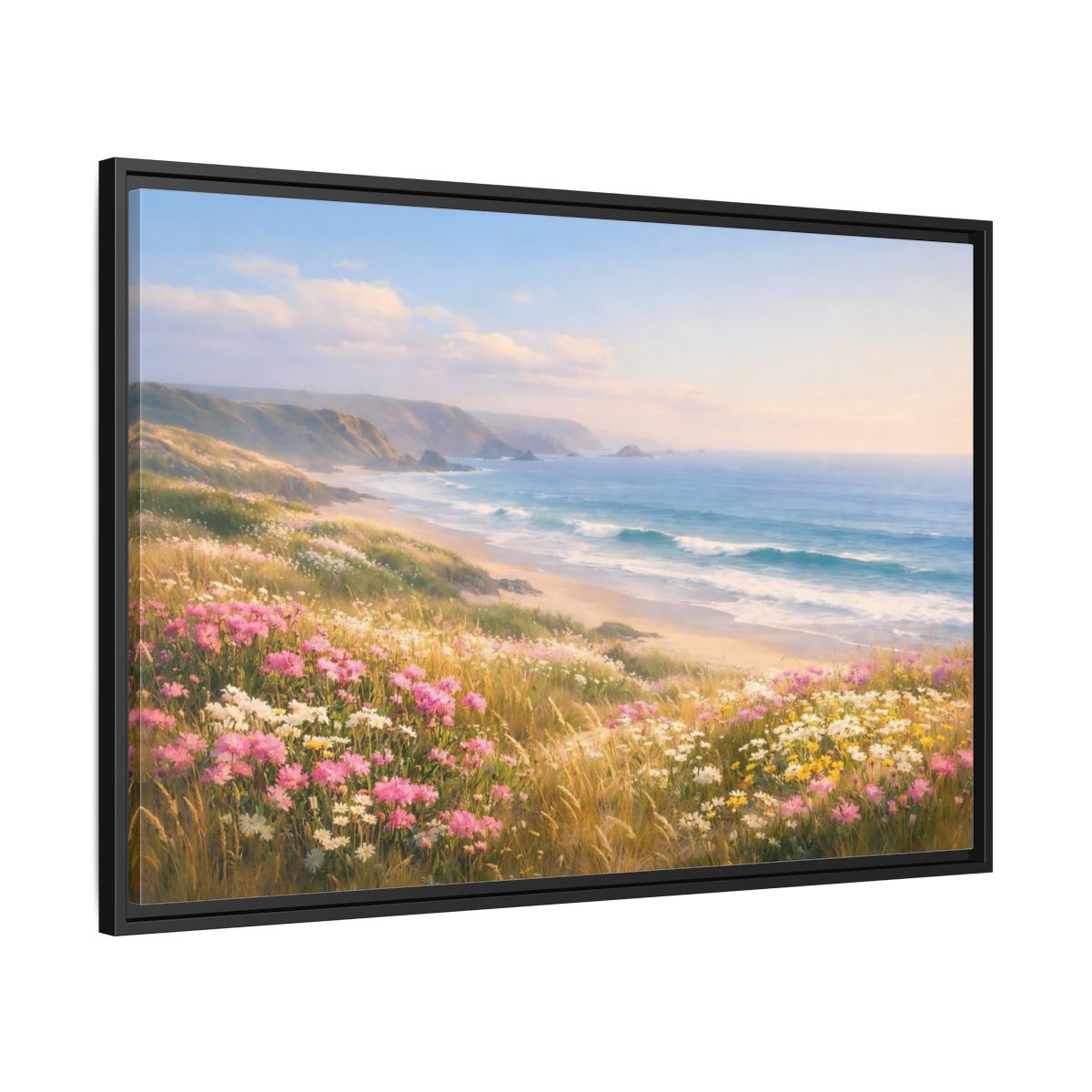 Side Mockup 13. Nature Coastal Landscape Coastal Meadow Pink shown as stretched canvas wall art