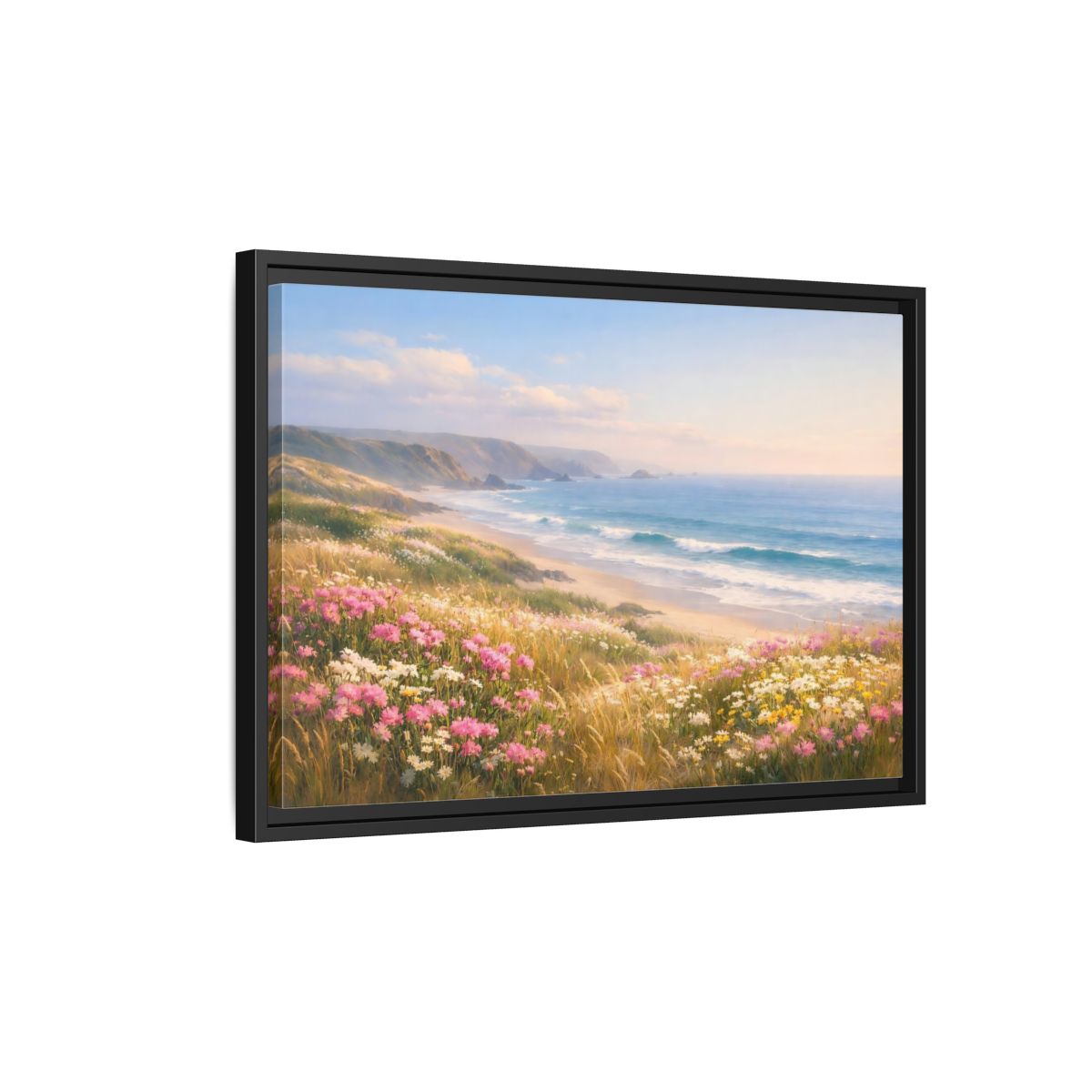 Side Mockup 3. Nature Coastal Landscape Coastal Meadow Pink shown as stretched canvas wall art