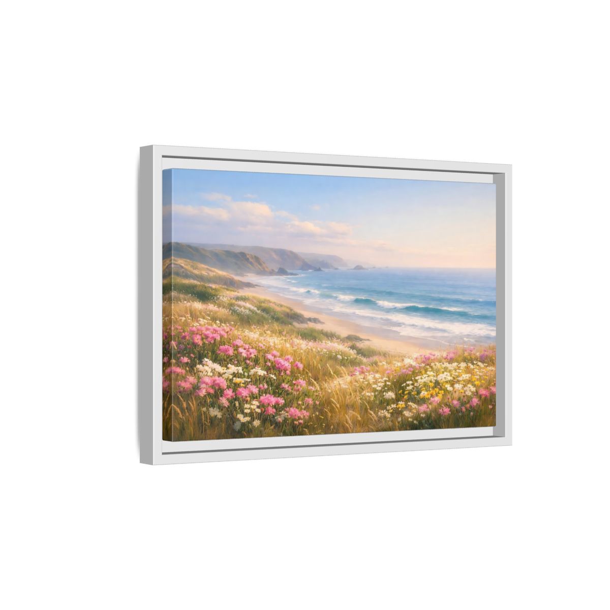 Side Mockup 4. Nature Coastal Landscape Coastal Meadow Pink shown as stretched canvas wall art